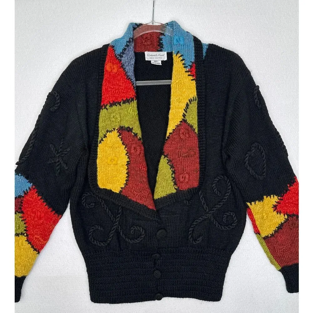 1990s Roberta Frost Hand Knit Wool Cardigan Uruguay Oversized Small